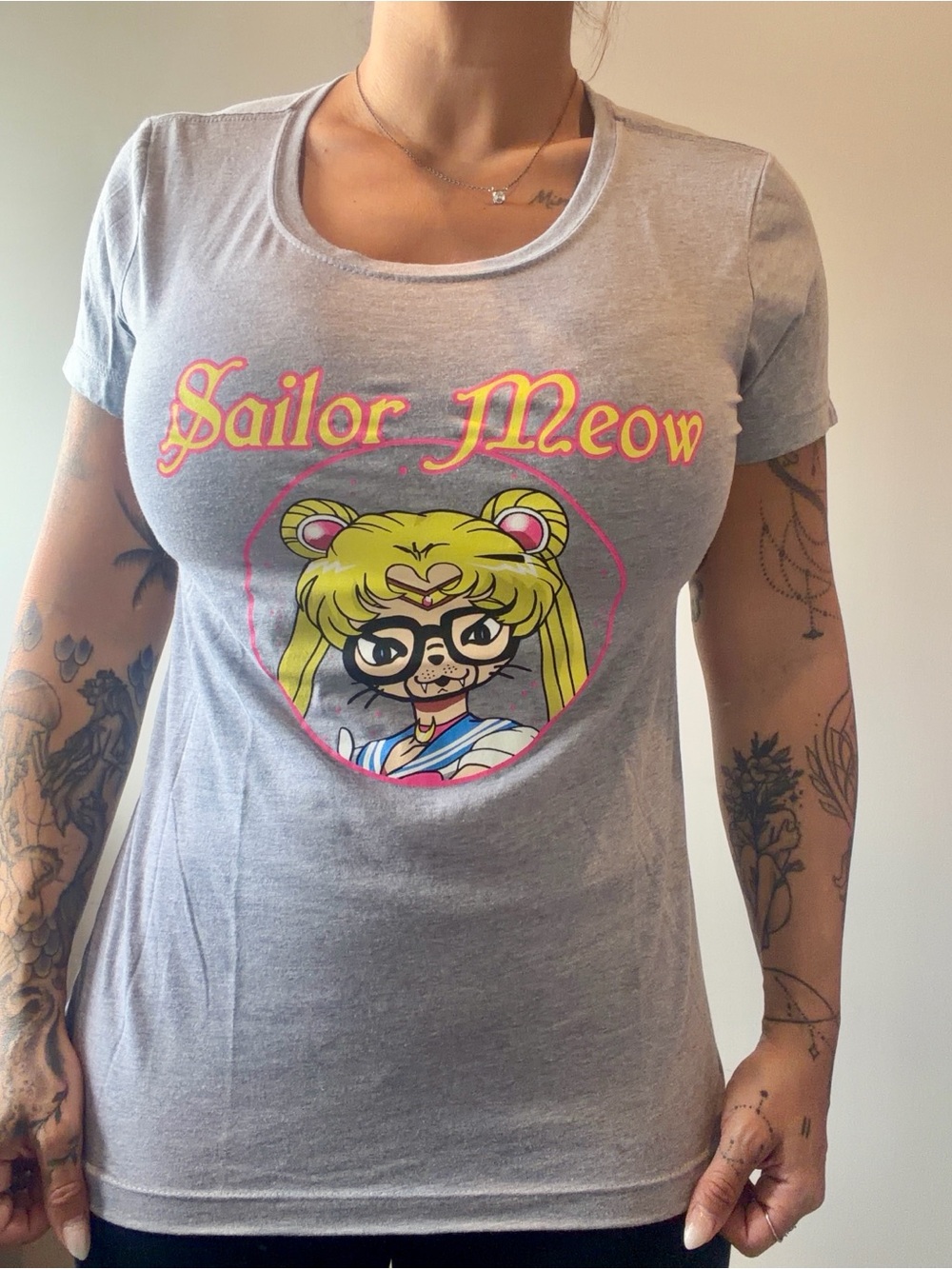 NWOT‎ IDEAL T Next Level Large Gray Womens Cat Shirt - Sailor Meow Short Sleeves
